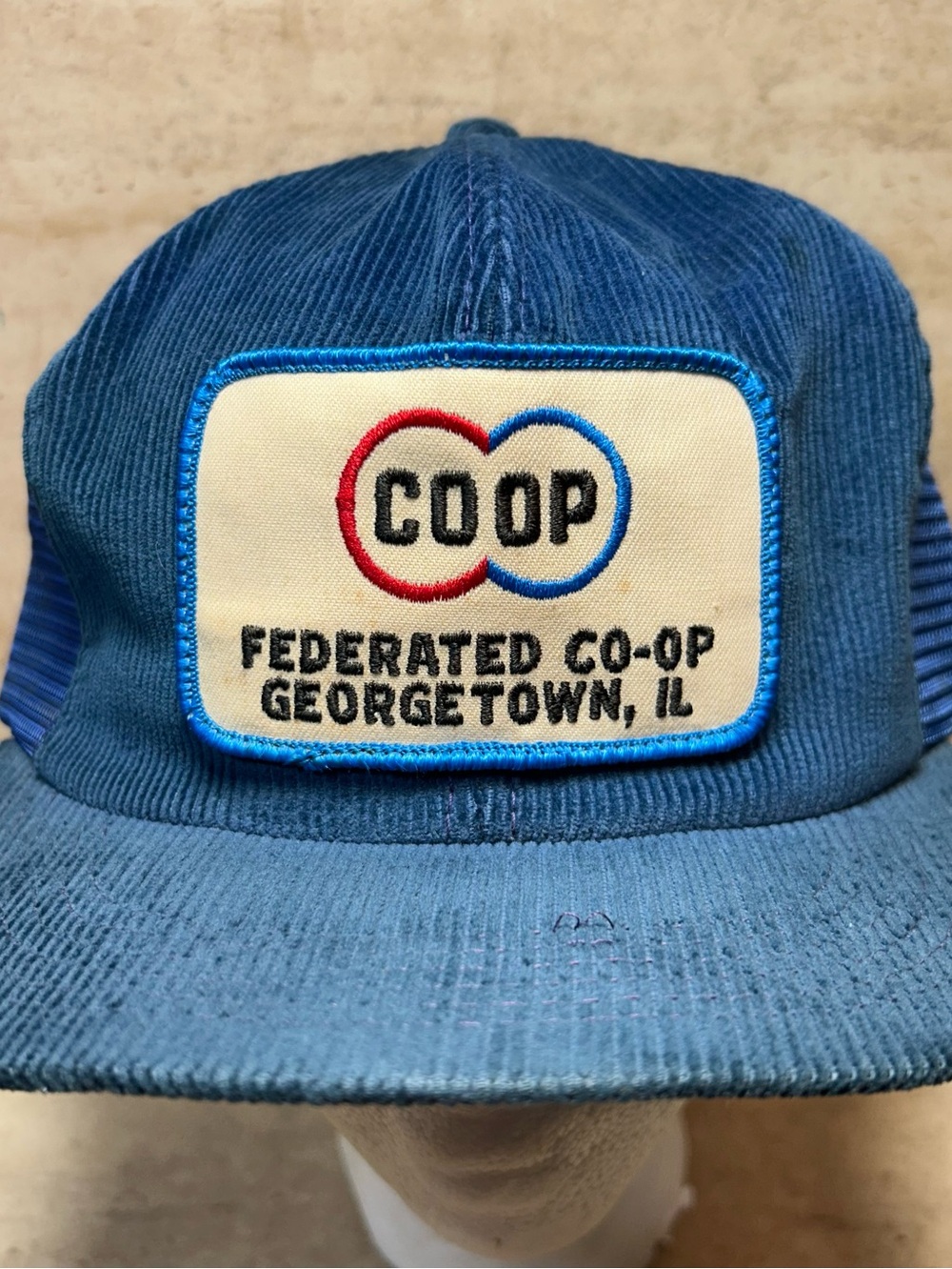 Vintage Co Op Patch Corduroy Hat Federated Georgetown IL Mesh Back SnapBack Cap